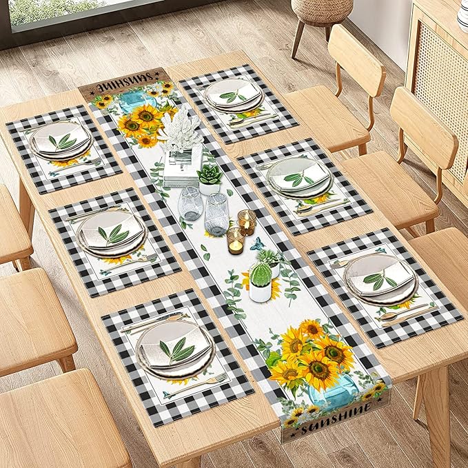 ArtSocket Sunflower Table Runner and Placemats Set of 6, Black White Buffalo Plaid Floral Flower Dining Decor for Daily Use(1 Table Runner 72 inches Long and 6 Placemats)