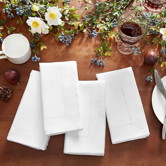 Elrene Home Fashions Alison Eyelet Border Design Cloth Wrinkle Resistant Fabric Dinner Napkin, Set of 4, 17"x17", White