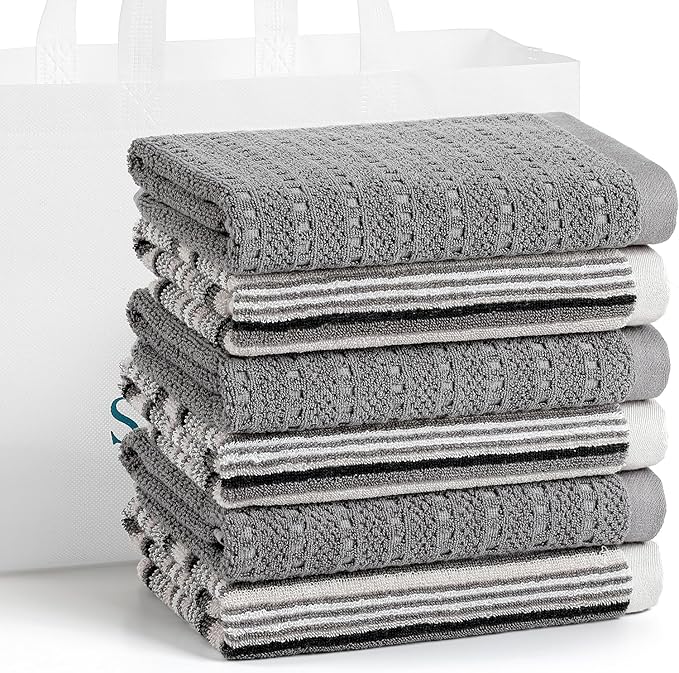 Kitchen Dish Towels for Drying Dishes, Large Cotton Kitchen Towels, Stripped Terry Dish Cloths, Thick Highly Absorbent Towel Sets with Hanging Loop, 16" X 26", 6 Packs, Grey and Solid Color