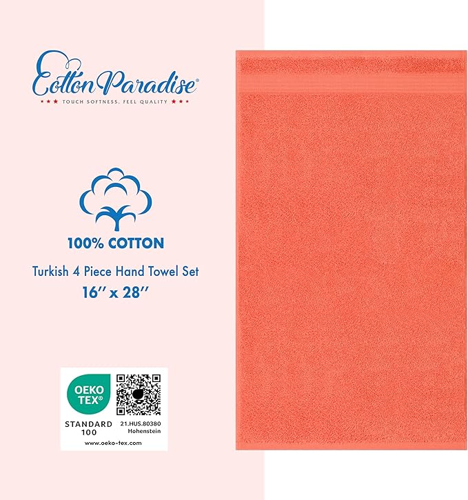Cotton Paradise Hand Towels for Bathroom, 100% Cotton Turkish 4 Piece Hand Towel Set, Soft Absorbent Face Towels, Coral