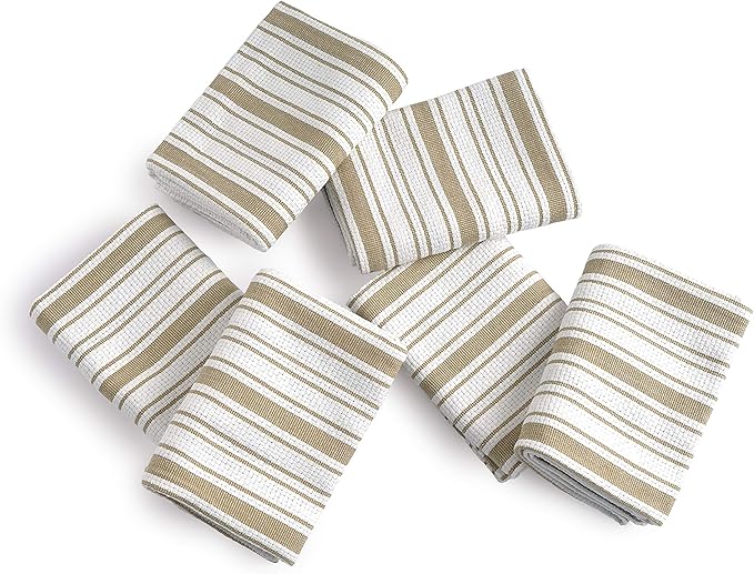Kitchen Towels Set – Pack of 6 (20’’ x 30’’) Extra Large Premium Cotton Dish Towels for Kitchen – Basket Weave Towels – Absorbent – 100% Cotton – with Hanging Loop – Beige