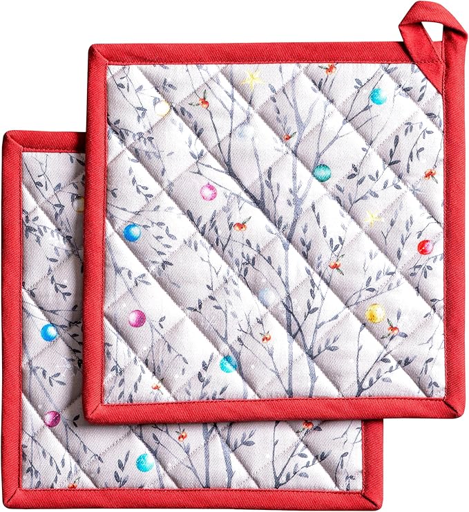 Maison d' Hermine Pot Holders Set 100% Cotton Heat Resistant Potholders 8" x 8" Hot Pads with Loop for Thanksgiving Christmas Decorations BBQ Baking Handling Hot Pans (Pack of 2, Fairy Christmas)
