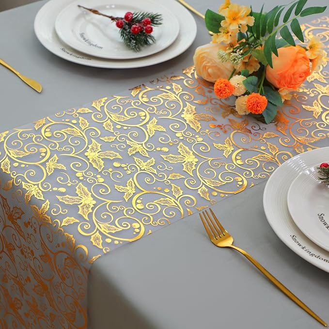 Snowkingdom 2 PCS Gold Spring Easter Table Runner 108 Inches Long, Gold Pinecone Flower Floral Table Decor for Winter Holiday Dining Kitchen Party New Year Home Decorations