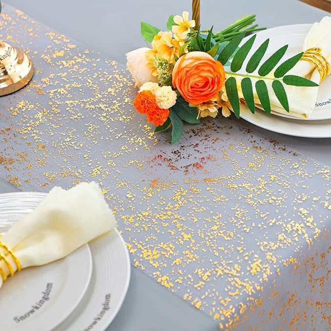 Snowkingdom 2 Pcs Gold Table Runner Roll, Sheer Gauze Chiffon Tulle Fabric Sequin Glitter Metallic Foil, Gold Golden Table Decorations for Home Wedding Birthday Party Anniversary Christmas