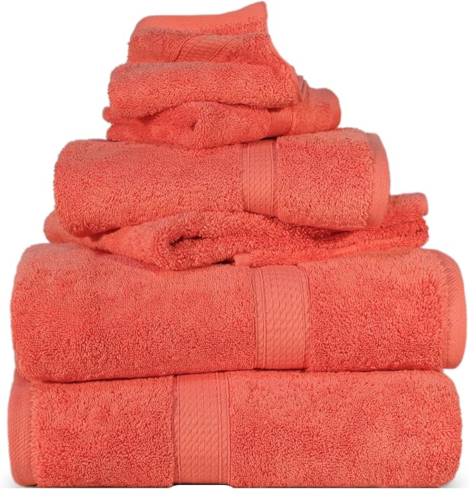 SUPERIOR Egyptian Cotton Pile 6 Piece Towel Set, Includes 2 Bath, 2 Hand, 2 Face Towels/Washcloths, Ultra Soft Luxury Towels, Thick Plush Essentials, Guest Bath, Spa, Hotel Bathroom, Coral