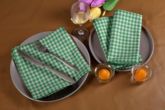 Native Fab Green Gingham Easter Cloth Napkins Set of 12-100% Cotton Mini Checkered (16"x16") Spring Dinner Napkins - Soft, Absorbent Table Decor - Washable Reusable Bulk Fabric Napkins, Grass Green