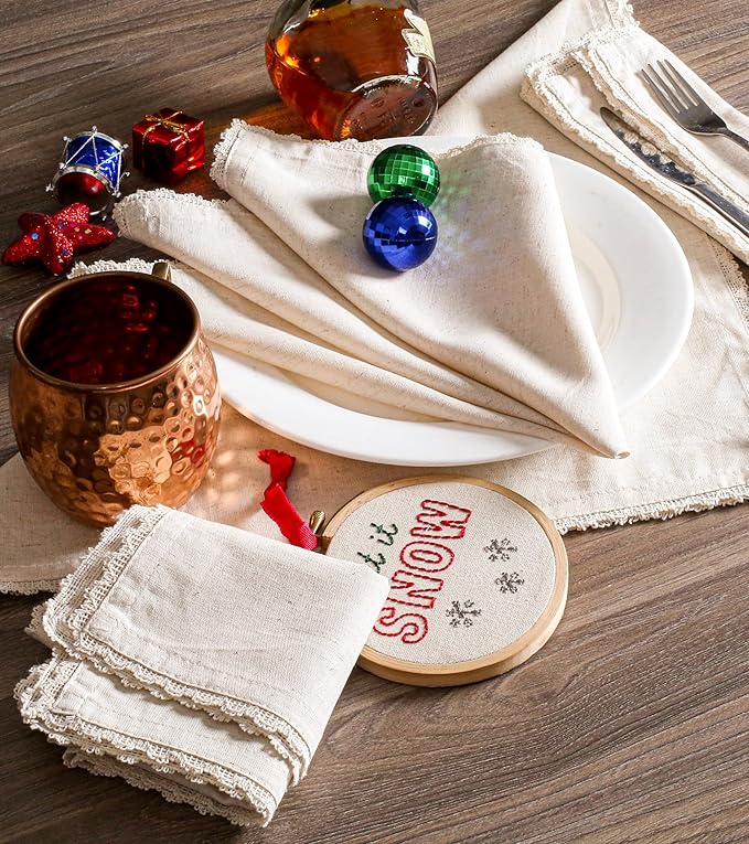 Lightnpro Cloth Dinner Napkins in Cotton Flax Fabric with Lace & Tailored Mitered Corners – 18x18 Inch Set of 12, Wedding, Baby Shower & Cocktail Napkin, Machine Washable Fabric Napkins Natural Color