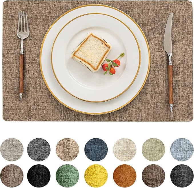 Romanstile Vinyl Placemats Set of 4-12 X 17 Inch - Faux Leather 100% Waterproof Oil-Proof Wipeable Place Mats, Heat Resistant Reversible PU Table Mats for Kitchen Dining Party Outdoor, Coffee
