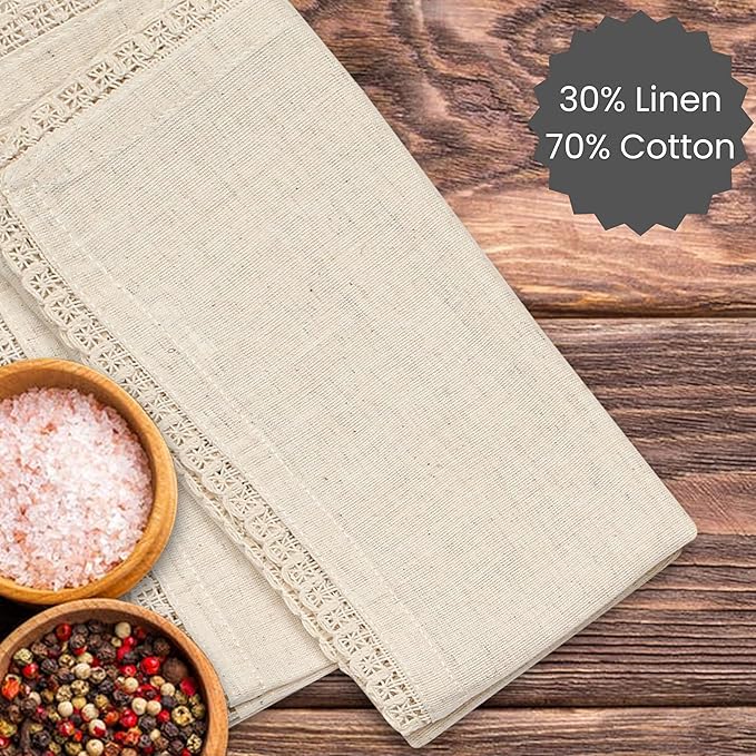 Cotton Clinic 12 Pack Cloth Dinner Napkins with Decorative Lace Oversized 20x20, Linen Cotton Fabric Tailored with Mitered Corner - Cocktail Napkins, Wedding Dinner Napkins Natural