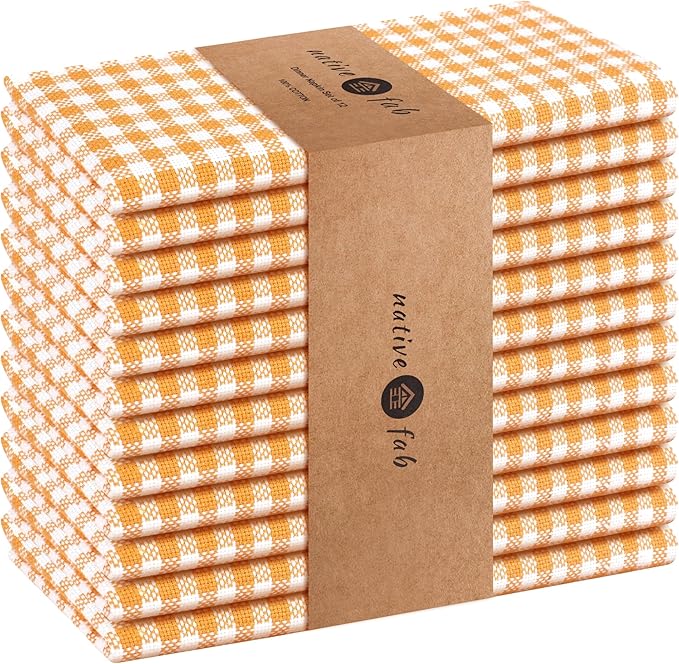 Native Fab Gingham Cloth Napkins, Set of 12, 16x16 Inches, 100% Cotton, Checkered Fabric, Soft, Washable Table Linen, Ideal for Weddings, Outdoor Picnic, Family Meals, Spring, Easter, Yellow & White