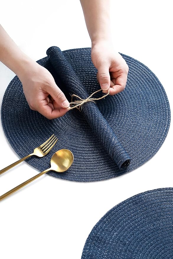 Floroom 15 Inch Round Braided Placemats Set of 6, Washable Heat Resistant Cotton Polyester Circle Place Mats for Kitchen Dining Table - Navy Blue