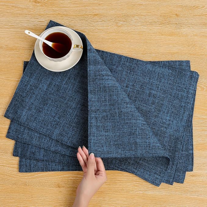 SHACOS Washable Cloth Placemats Set of 4 Double Layer Fabric Non Slip Heat Resistant Table Mats Linen Place Mats Stain Resistant Reversible Indoor Outdoor, Dark Blue