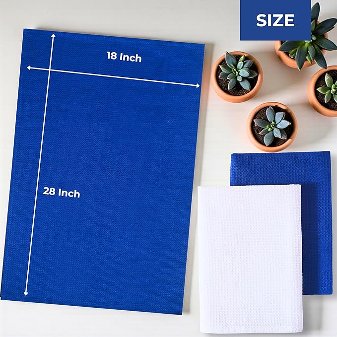 Highly Absorbent Cotton Dish Towels for Drying - Set of 3+3 - Royal Blue + White Kitchen Towels - 18"X28" Lint Free Waffle Weave Cloth Linen Hand Bathroom Bulk Dishtowels