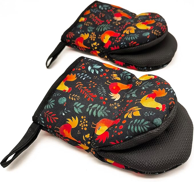 Rooster Oven Mitts, High Heat Resistant Kitchen Oven Gloves, Mini Silicone Oven Mitts, Non-Slip Grip Surfaces and Hanging Loop for Grilling, Baking, Cooking and Microwave, Gift
