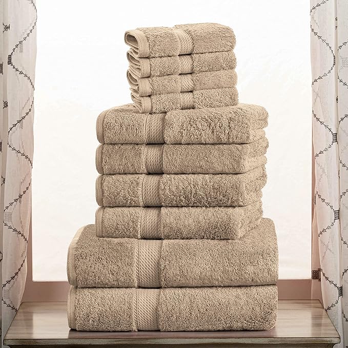 Superior Egyptian Cotton Pile 10 Piece Towel Set, Includes 2 Bath, 4 Hand, 4 Face Towels/ Washcloths, Ultra Soft Luxury Towels, Thick Plush Essentials, Guest Bath, Spa, Hotel Bathroom, Latte