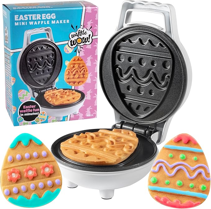 Mini Easter Egg Waffle Maker- Make Double Sided Waffles or Pancakes w 2 Different Floral Designs, Ready to Decorate & Frost, Breakfast Fun for Kids & Adults - Basket Stuffer Gift, Egg Hunt Surprise