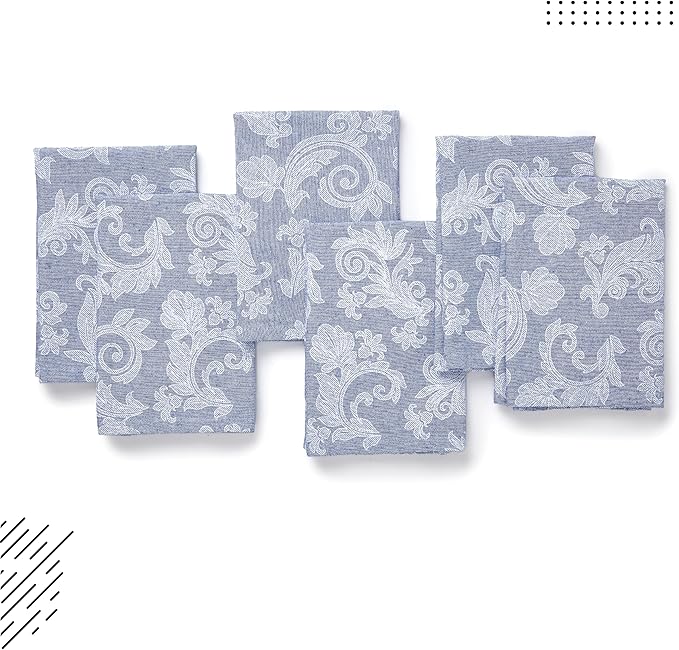 Encasa XO Blue Cloth Napkins Set of 12, 18x18 in | Floral Jacquard Homespun Cotton Dinner Napkins | Washable & Reusable Wedding Napkins for Holiday Dining, Parties, & Everyday Table Décor