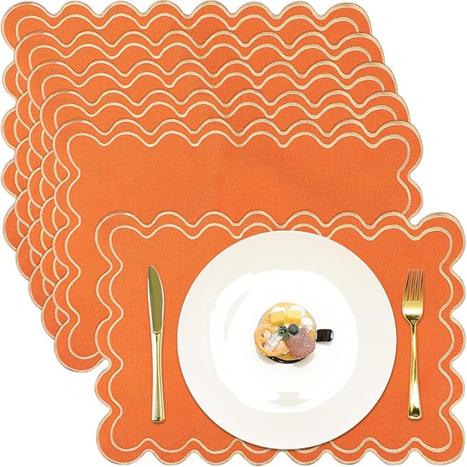 HunnmingRe Set of 6 Cotton Linen Placemats, 13x19 Inch Scalloped Wavy Embroidery Placemat Double Layered Washable Rustic Rectangle Dinner Table Mats for Wedding Home Decor(Orange with Yellow)
