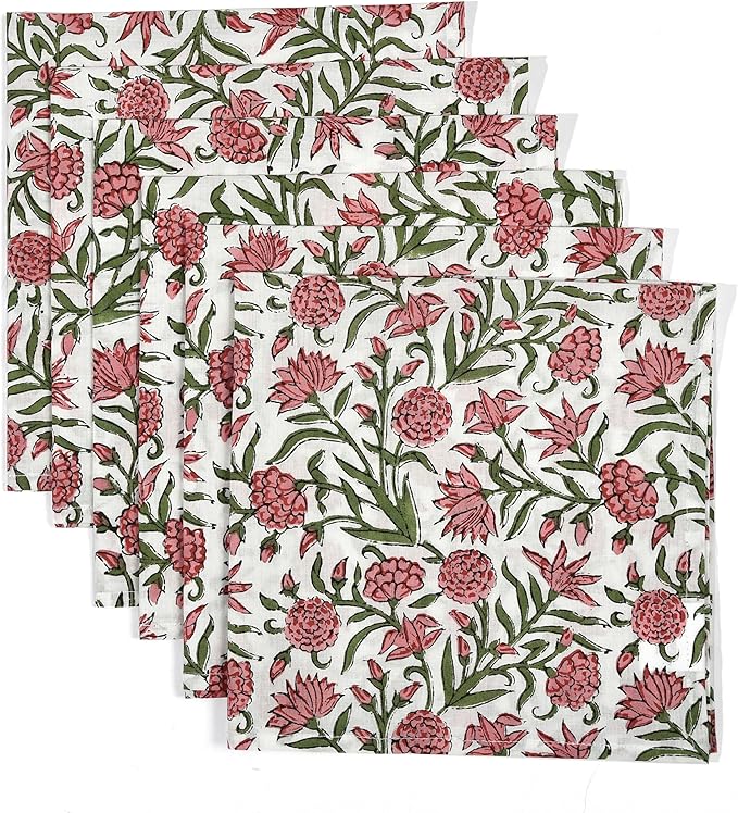 CPC Red Garnet Indian Block Print Cotton Cloth Napkins Set of 4, 18x18 Reusable Everyday Napkins, Soft, Absorbent, Floral Dinner Napkin, Holiday, Party Gift, Spring,Mother's Day