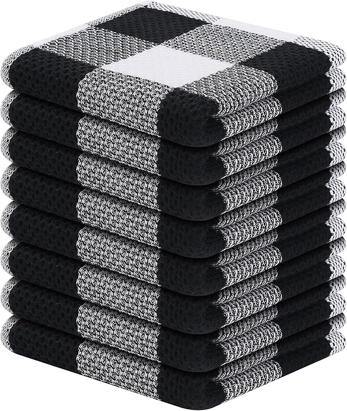 Mordimy 100% Cotton Waffle Weave Plaid Dish Cloths, 12 x 12 Inches, Super Soft and Absorbent Quick Drying Buffalo Check Dish Rags for Kitchen, 8-Pack, Black & White