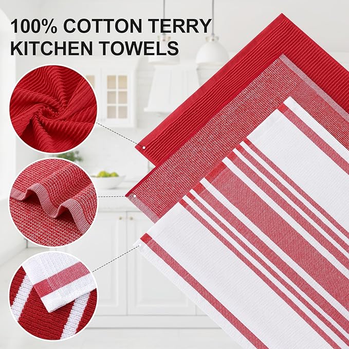 Homaxy Premium Kitchen Towels(18”x 28”, 9 Pack), Large Cotton 380 GSM Kitchen Hand Towels, Soft and Absorbent Terry Dish Towels, Multipurpose Tea Towel Set with Hanging Loop, Red