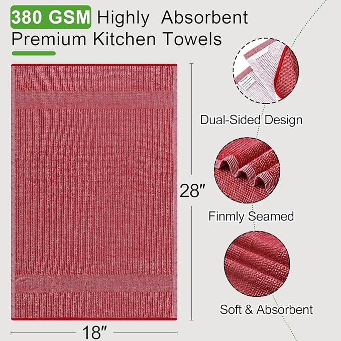 Mordimy Premium Kitchen Towels 8 Pack (18 x 28 Inches, Red), Large Cotton Kitchen Hand Towel, Flat & Terry Dish Towels for Drying Dishes, Super Absorbent Tea Dishtowels Set with Hanging Loop