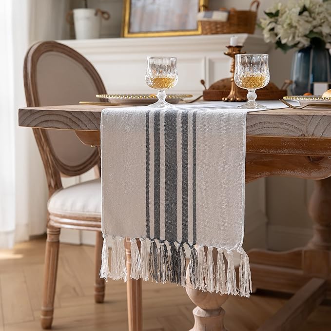 Boho Table Runner for Modern Farmhouse Decor, Dining Table décor 13 x 72 Inch Long, Coffee Table Runner with Handcrafted Tassels, Grey and Beige Stripe Table Runner for Home Boho Décor