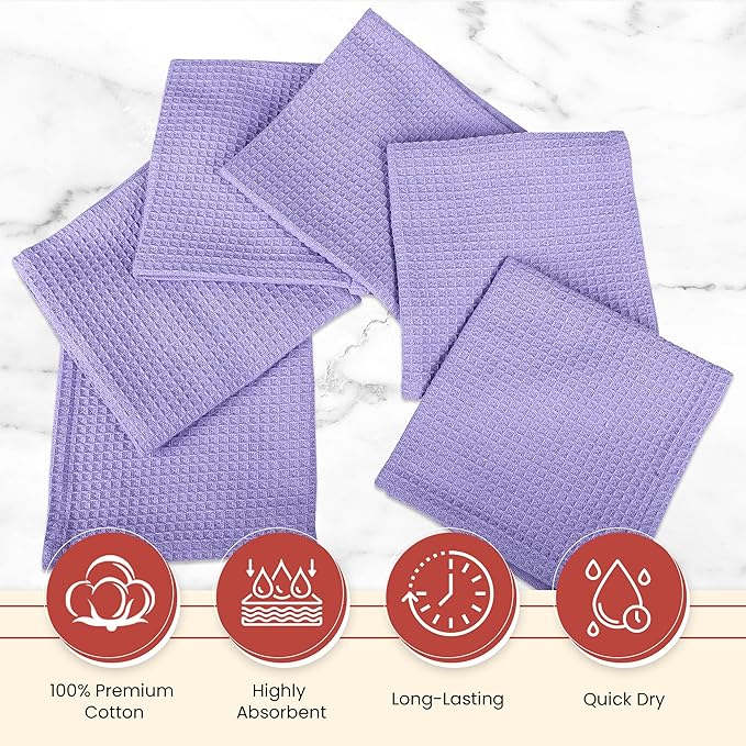 Vintage Vista 100% Cotton Waffle Dish Cloths (Pack of 6) - Dish Rags for Washing Dishes - Reusable & Highly Absorbent Kitchen Towels - Kitchen Rags fo Easter - (12" x 12" - Purple)