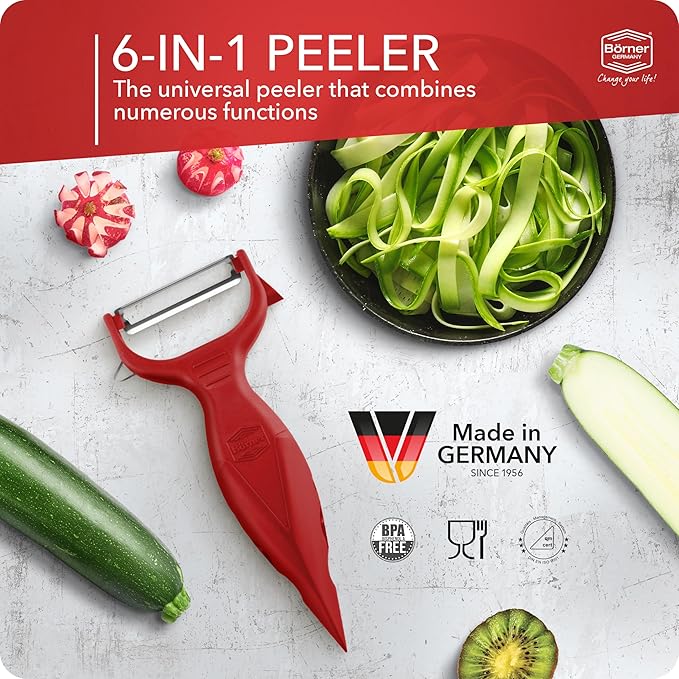 Borner 6-in-1 Fruit and Vegetable Peeler with Stainless Steel Double-Edged Blade, Multi function with Corer, Potato Eye Remover and Mini Grater, Made in Germany, Red