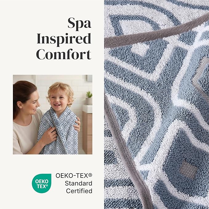 Modern Threads Classic Diamond 6-Piece 100% Cotton Towel Set – Yarn Dyed Jacquard – Includes 2 Bath Towels, 2 Hand Towels, 2 Washcloths – Absorbent, Quick Dry, Soft & Durable – Blue