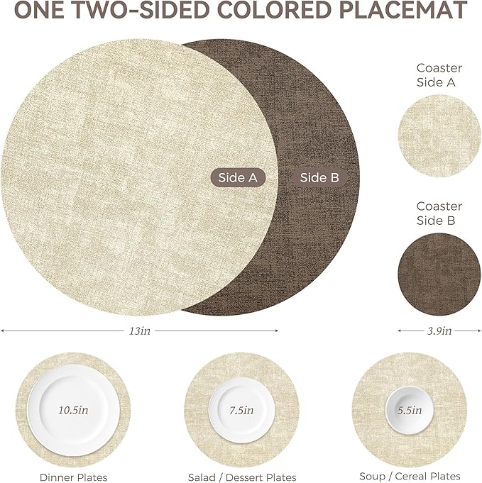 13" Round Placemats Set of 4, NCUE Dual-Sided Faux Leather Heat Resistant Table Mats, Waterproof Oilproof Washable Protective Table Placemats with Coaster, Wipeable Vinyl for Indoor & Outdoor Use