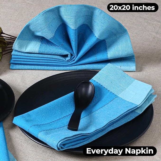 Bedding Craft Cotton Cloth Napkins Set of 12 – 20x20 Teal Blue Multi Double Hemstitched – Machine Washable Dinner Napkins for Weddings, Parties & Father’s Day Celebrations