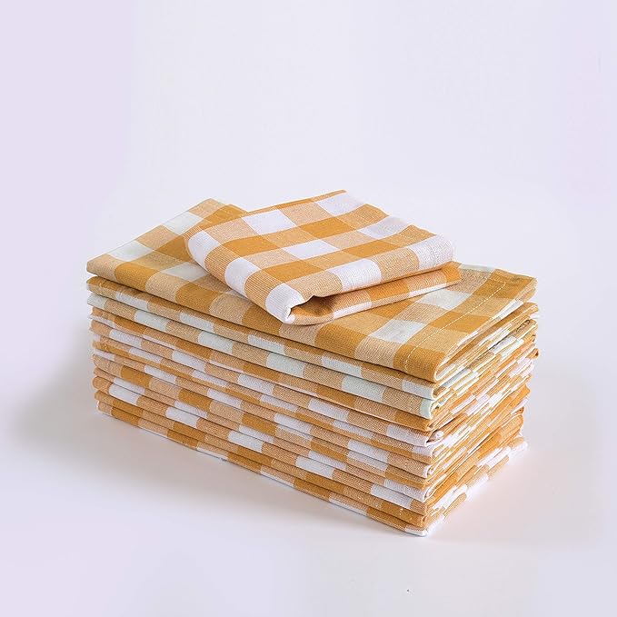 FINGERCRAFT Cloth Napkins, Everyday Use, Premium Quality, Cotton Buffalo Plaid, Set of 12, 20X20 Inch Oversized Napkins Cloth Mitered Corners, Soft, Durable Hotel Quality Yellow White Checkered