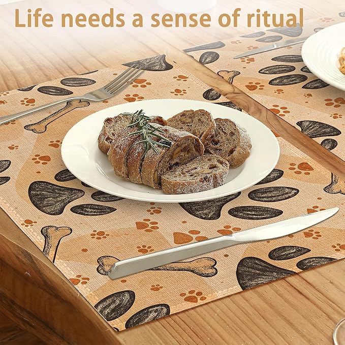 Dog Paws Placemats Set of 6,Bones Table Mates Non-Slip Heat Resistant Washable Linen Place Mats for Party Kitchen Dining Decoration Indoor Outdoor 12"x18"