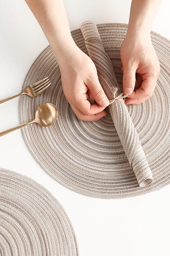 Floroom 15 Inch Round Braided Placemats Set of 6, Washable Heat Resistant Cotton Polyester Circle Place Mats for Kitchen Dining Table - Rainbow Gray