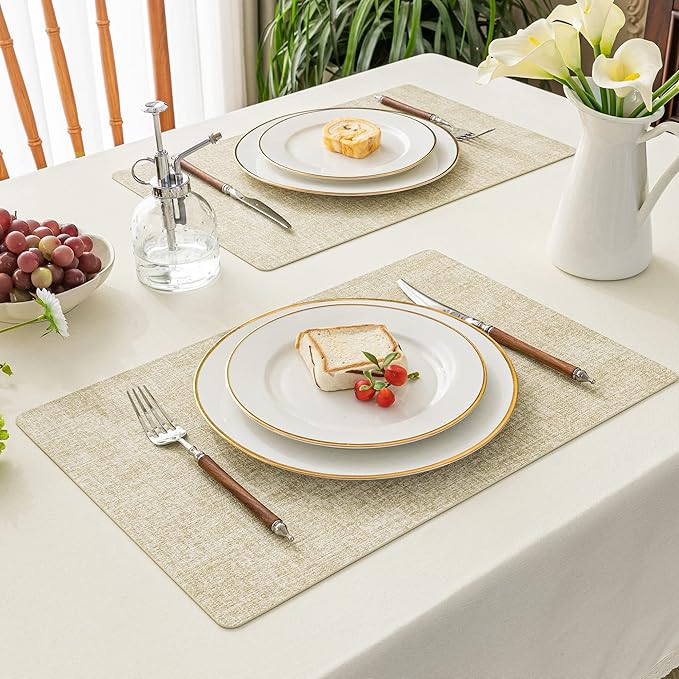 Romanstile Vinyl Placemats Set of 6-12 X 17 Inch - Faux Leather 100% Waterproof Oil-Proof Wipeable Place Mats, Heat Resistant Reversible PU Table Mats for Kitchen Dining Party Outdoor, Beige