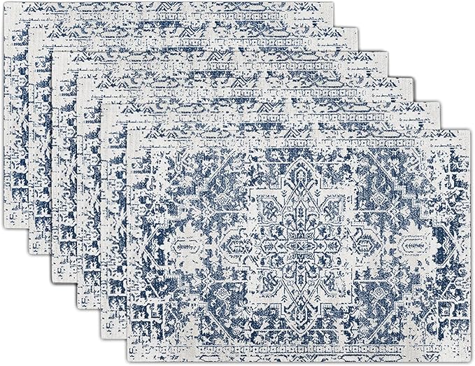 Navy Blue Gray Boho Placemats Set of 6 Ethnic Bohemian Carpet Place Mats Washable Kitchen Dining Vintage Grey Geography Floral Linen Table Mats Stain Heat-Resistant for Home Party Indoor 12x18 in