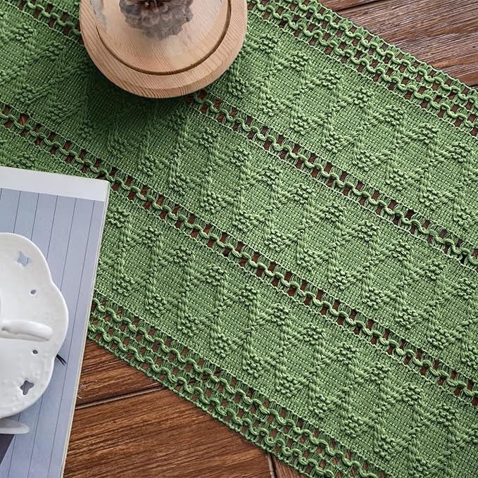 Alynsehom Macrame Table Runner Green Boho Table Runners with Tassels Hand Woven Cotton Table Runner Rustic Farmhouse Table Runners for Bohemian Kitchen Dining Table(12x95in)