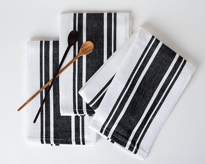 Kitchen Towels Set – Pack of 6 (20’’ x 30’’) Extra Large Premium Cotton Dish Towels for Kitchen – Absorbent – 100% Cotton – with Hanging Loop – Black Multi Design Striped