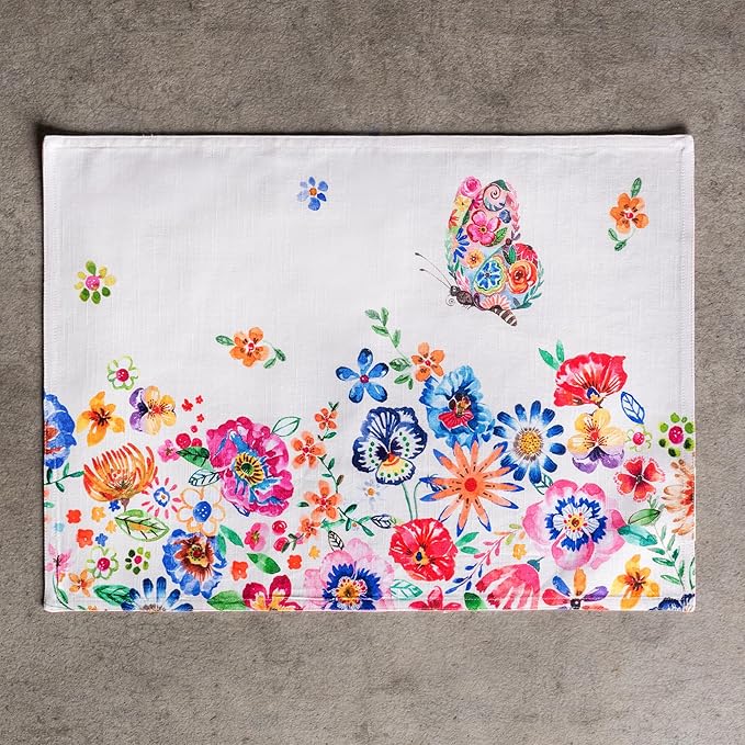 Maison d' Hermine Placemats Set of 4 100% Cotton Washable Cloth Place Mats Reusable Table Mats for Kitchen Dining Party Gifts for Mothers Day Spring/Summer(Happy Florals - High Summer, 13" x 19")