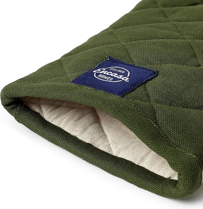 Encasa XO Heat Resistant Cotton Oven Gloves Mitts (2 Pc Set) - Quilted & Safe 12x6.6 in - for Kitchen, Cooking & Baking, Grilling, Handling Hot Pots & Pans - Leaf Green