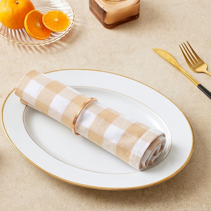 Cloth Napkins Set of 12, 100% Cotton Dinner Napkins 18x18 Inch, Soft Absorbent Gingham Check Napkin for Restaurant, Table Décor, Reusable Washable for Everyday Use - Beige/White