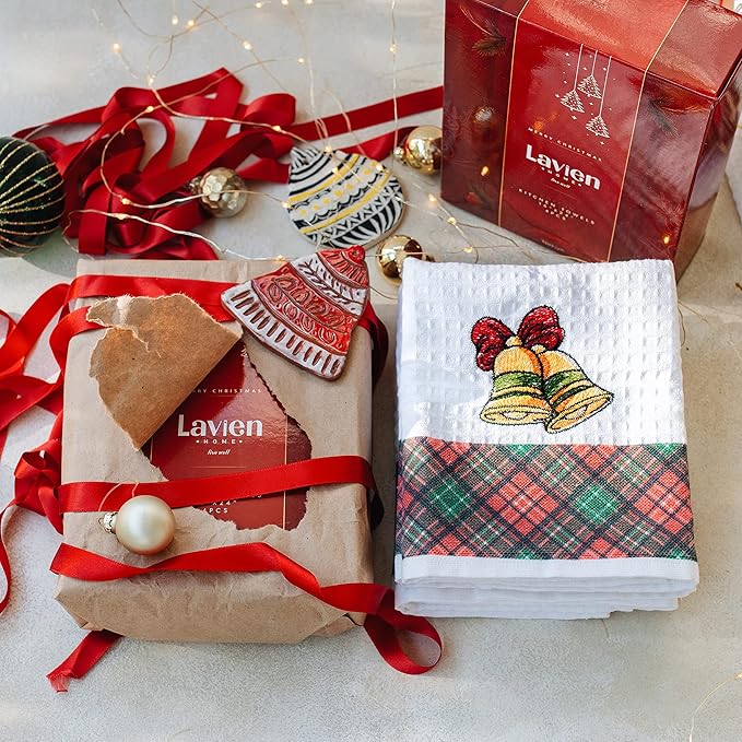 Lavien Home Christmas Kitchen Towels Embroidered, Cotton Dishcloths Decoration for Xmas with Plaid (Set of 4), Waffle Weave Cute Tree, Santa, Bell, Deer, 16 x 23 inches