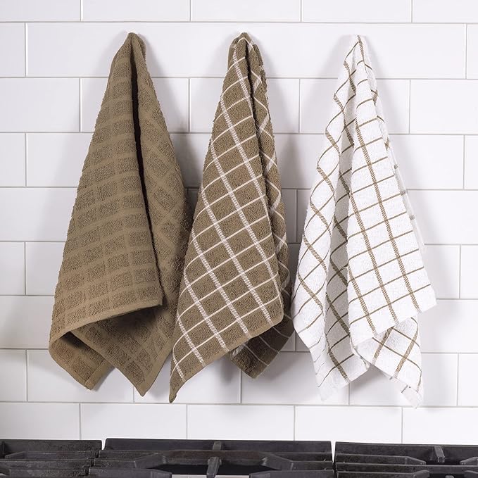 Ritz Terry Check Kitchen Towels: Highly Absorbent & Super Soft, 25" x 15" - 100% Cotton, Durable Kitchen Cleaning Cloths for Wiping Tables and Counters, 3-Pack, Mocha