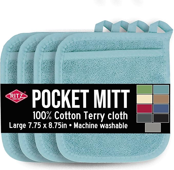 RITZ Terry Pocket Mitt & Hot Pad: Unparalleled Heat Resistant, Durable 100% Cotton – Ergonomically Designed for Optimal Grip – Easy-Care Machine Washable – 4-Pack, Dew