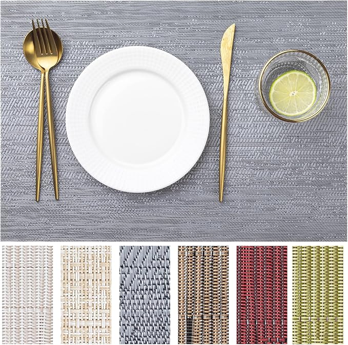 LEXMORE Placemats Set of 12 Vinyl/Plastic Woven Place Mats for Kitchen Table Indoor/Outdoor Washable Placemat Wipeable Dining Table Mats(Ombre Gray)