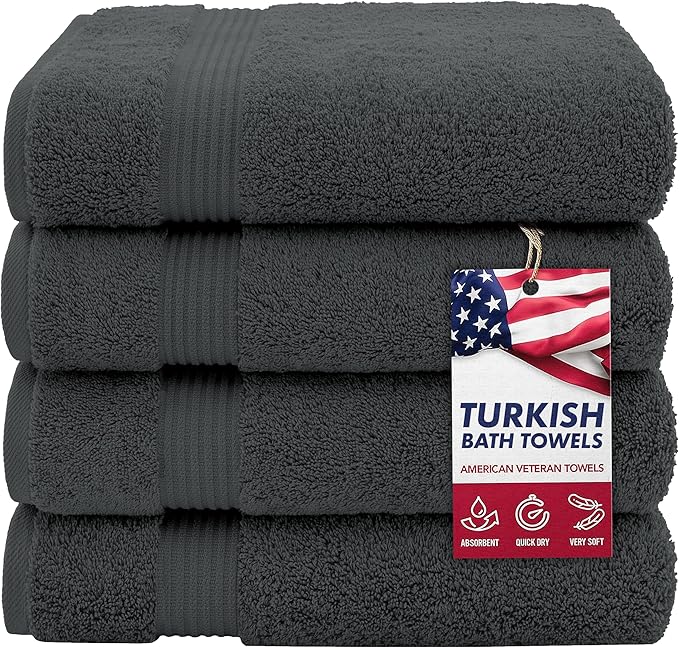 American Veteran Towel, Turkish Bath Towels for Bathroom 4 Pack, 27x54 Extra Large Premium Soft Drying Bathroom Towels, Dark Gray