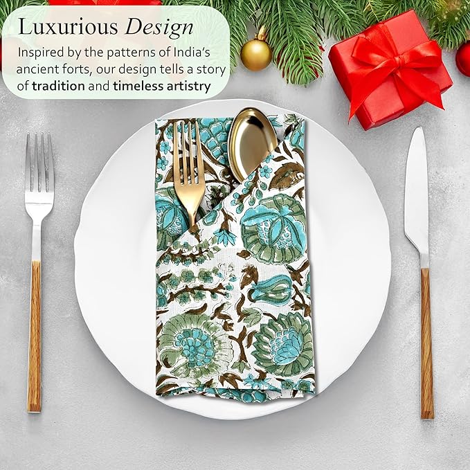 CPC Cloth Napkins Set of 4 Cotton Printed Dinner Hand Print Napkins I Wedding Cocktail Cloth Floral Napkins I 18x18 in I Aqua Green