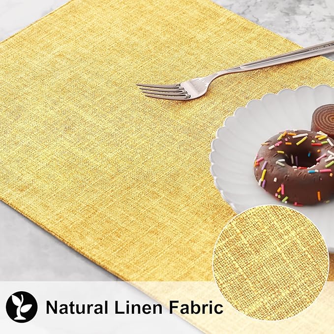 homing Cotton Linen Placemats Set of 6, Cloth Washable Farmhouse Dining Table Mats for Indoors & Outdoors, Easy to Clean, Mustard Yellow, 13 x 19 Inch