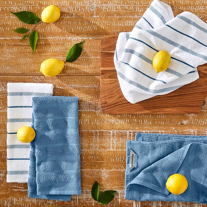 KitchenAid Albany Kitchen Towel 4-Pack Set, Blue Velvet/White, 16"x26"